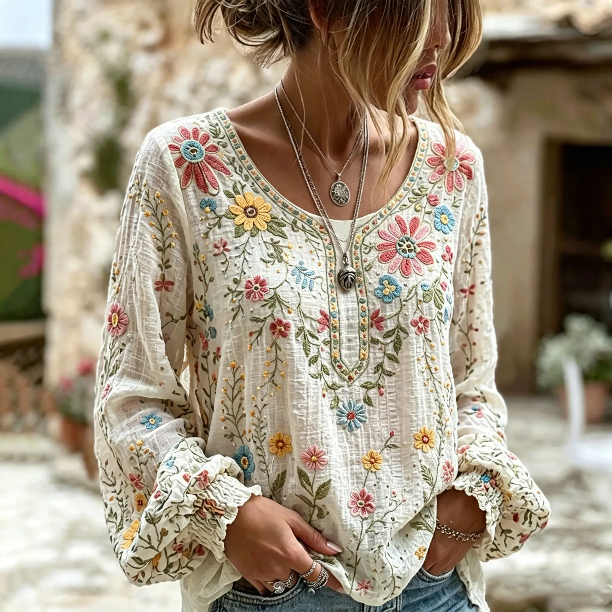 Women's Vacation Casual Embroidered Floral Linen Blouse