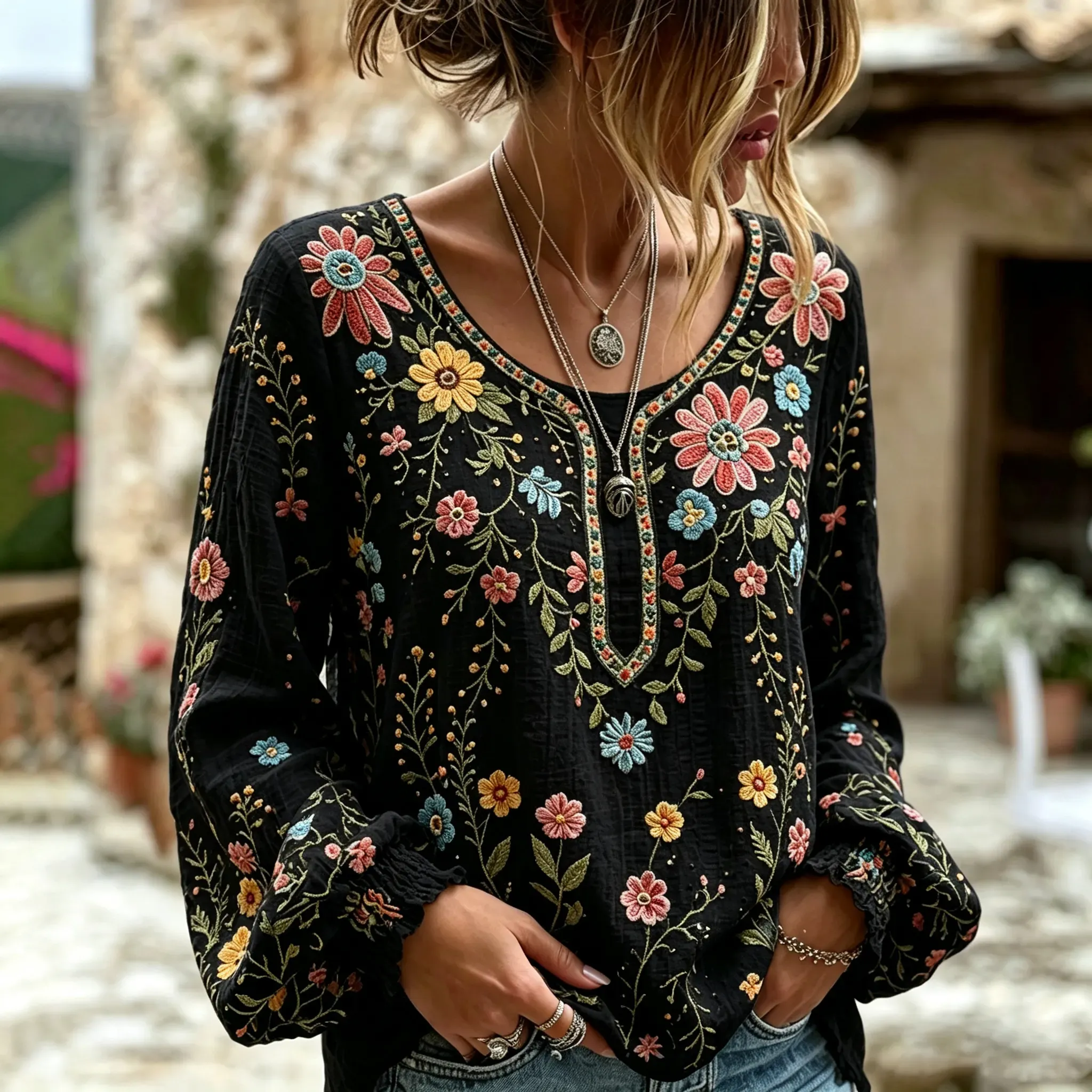 Women's Vacation Casual Embroidered Floral Linen Blouse