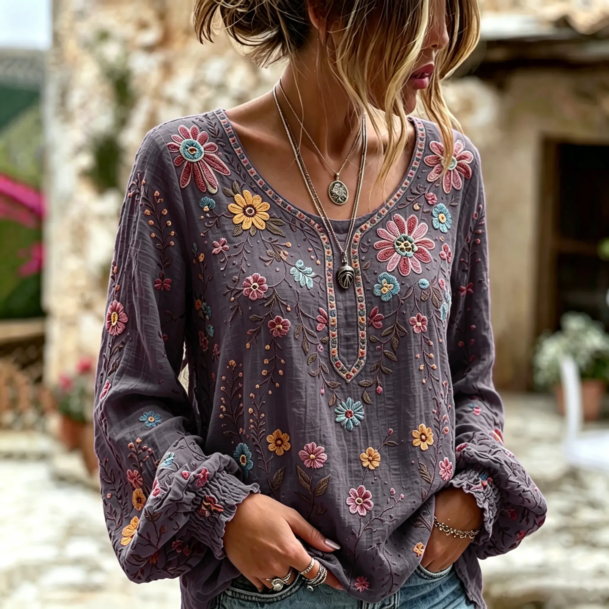 Women's Vacation Casual Embroidered Floral Linen Blouse