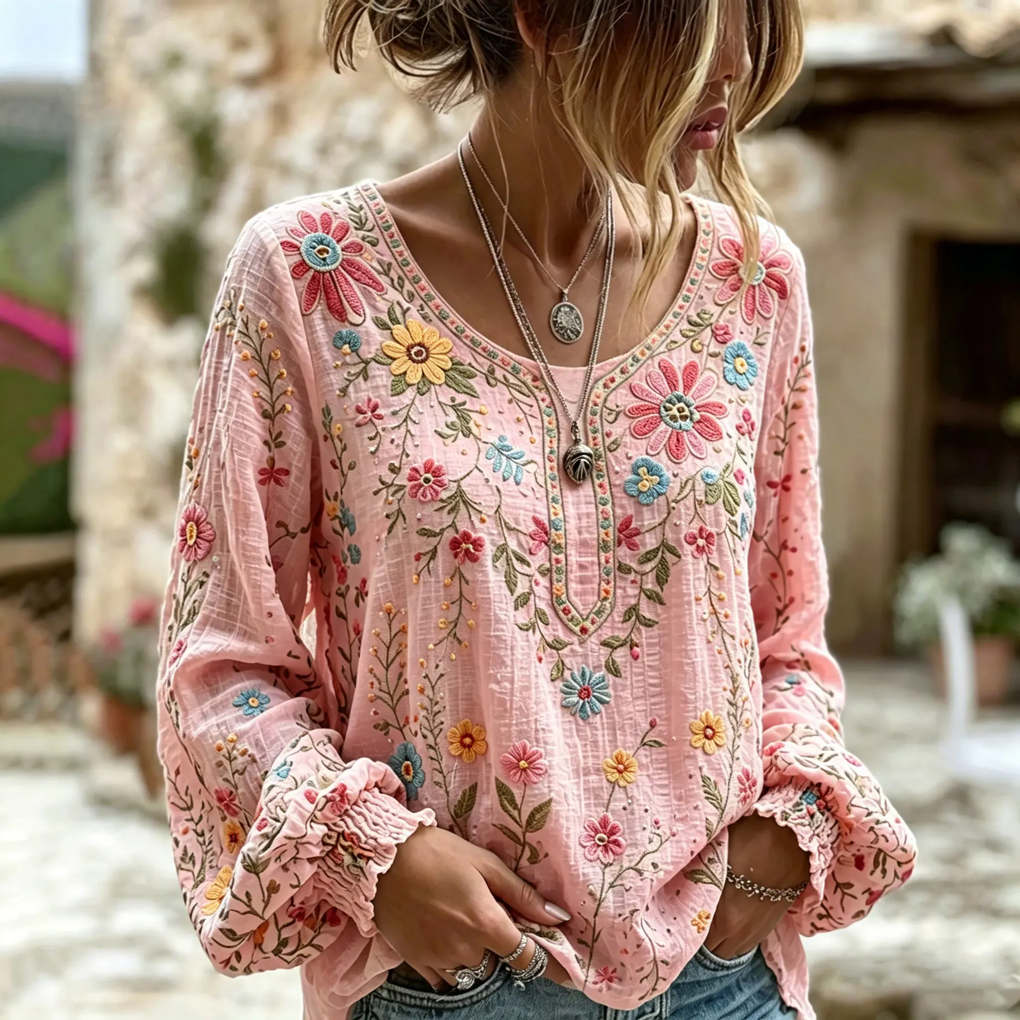 Women's Vacation Casual Embroidered Floral Linen Blouse