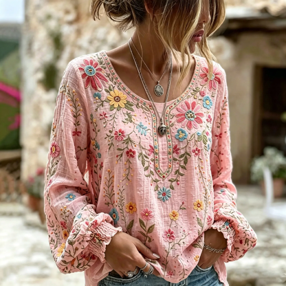 Women's Vacation Casual Embroidered Floral Linen Blouse