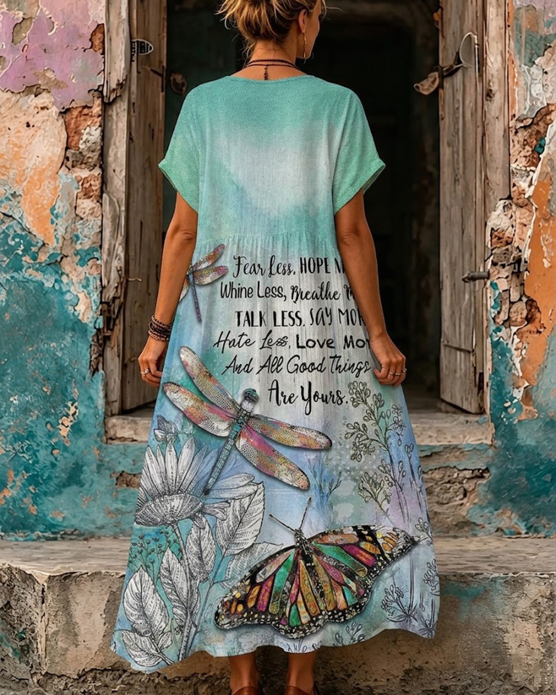 Women's Fear Less, Hope More " Whine Less, Breathe More/ Talk Less, Say More/ Hate Less, Love More/ And All Good Things Are Yours ", Floral Butterfly And Dragonfly Print V-Neck Short Sleeve Maxi Dress