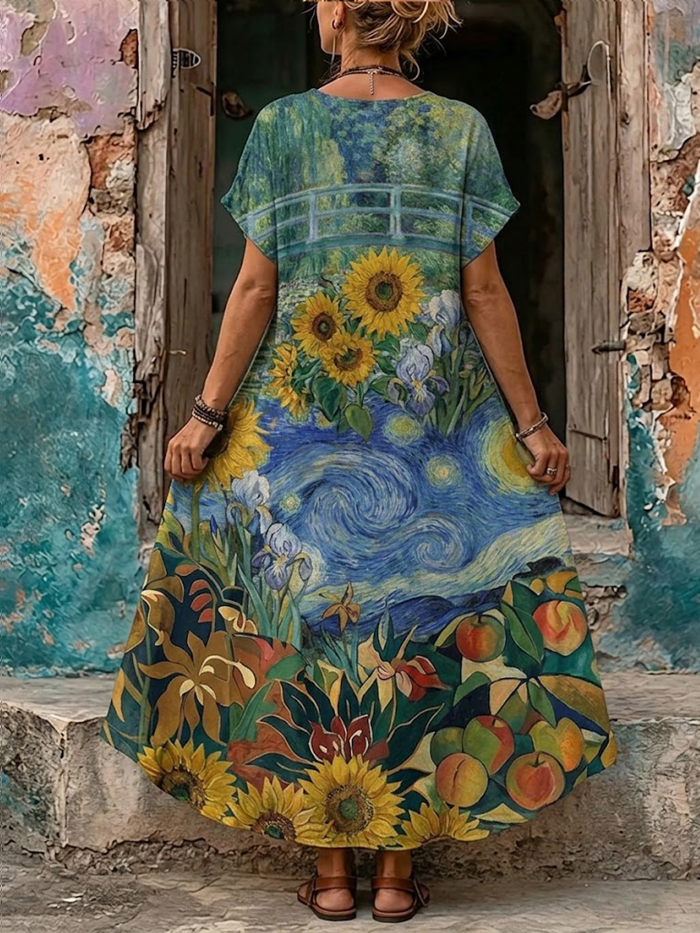 Women's Retro Bohemia Floral Print V-Neck Short Sleeve Maxi Dress