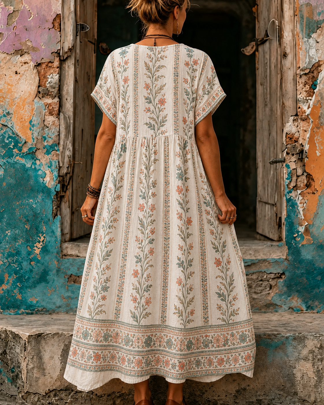 Women's Vacation Linen Retro Boho Floral Print V-Neck Short Sleeve Maxi Dress