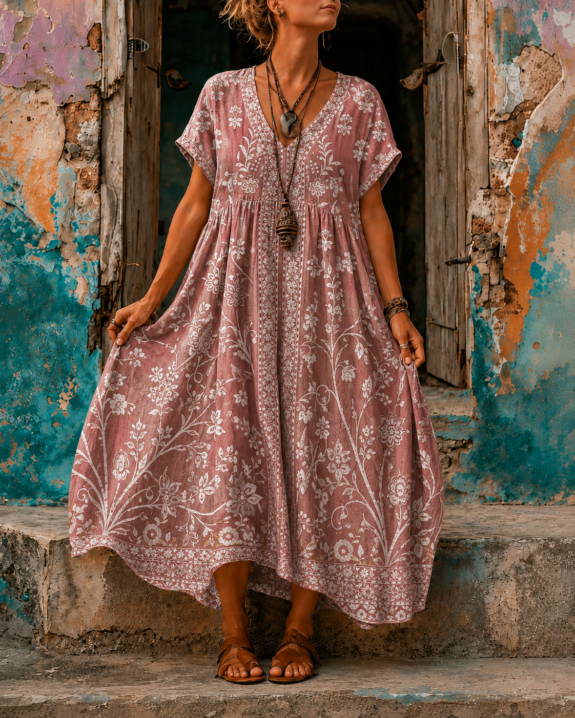 Women's Vacation Linen Boho Floral Print V-Neck Short Sleeve Maxi Dress