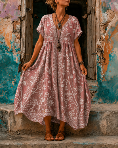 Women's Vacation Linen Boho Floral Print V-Neck Short Sleeve Maxi Dress