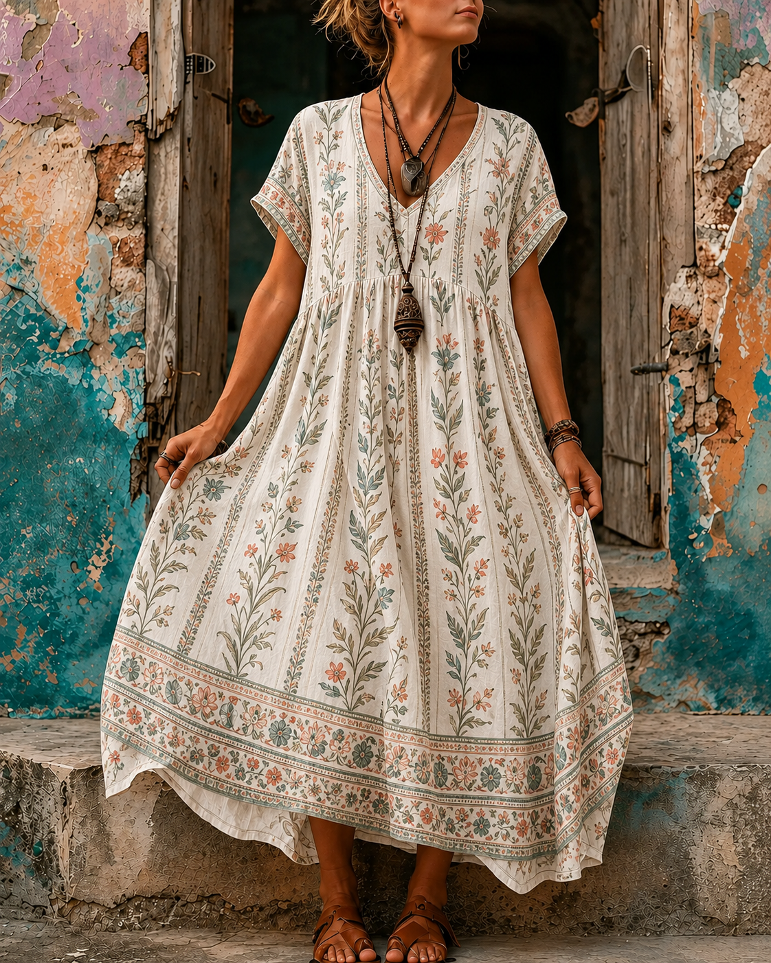Women's Vacation Linen Retro Boho Floral Print V-Neck Short Sleeve Maxi Dress