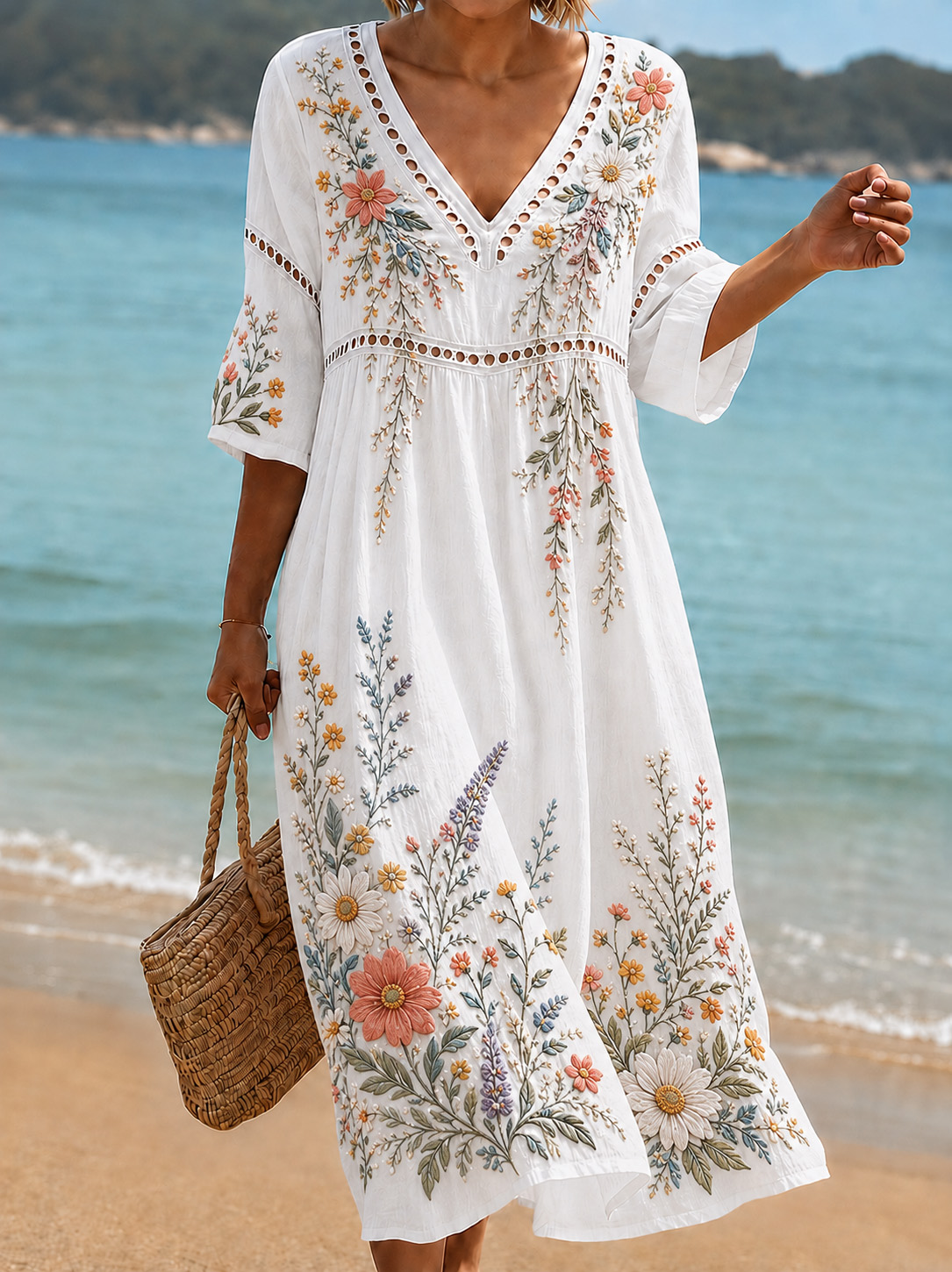 Women's Vacation Linen Boho Floral Print V-Neck Short Sleeve Maxi Dress