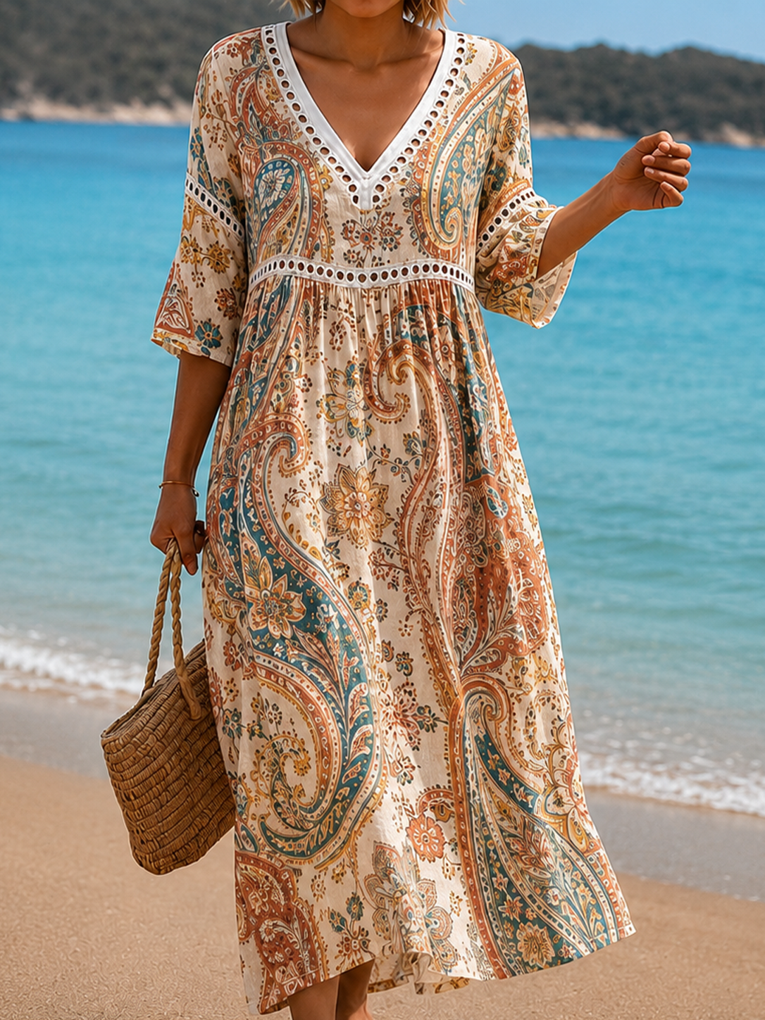 Women's Vacation Linen Boho Floral Print V-Neck Short Sleeve Maxi Dress