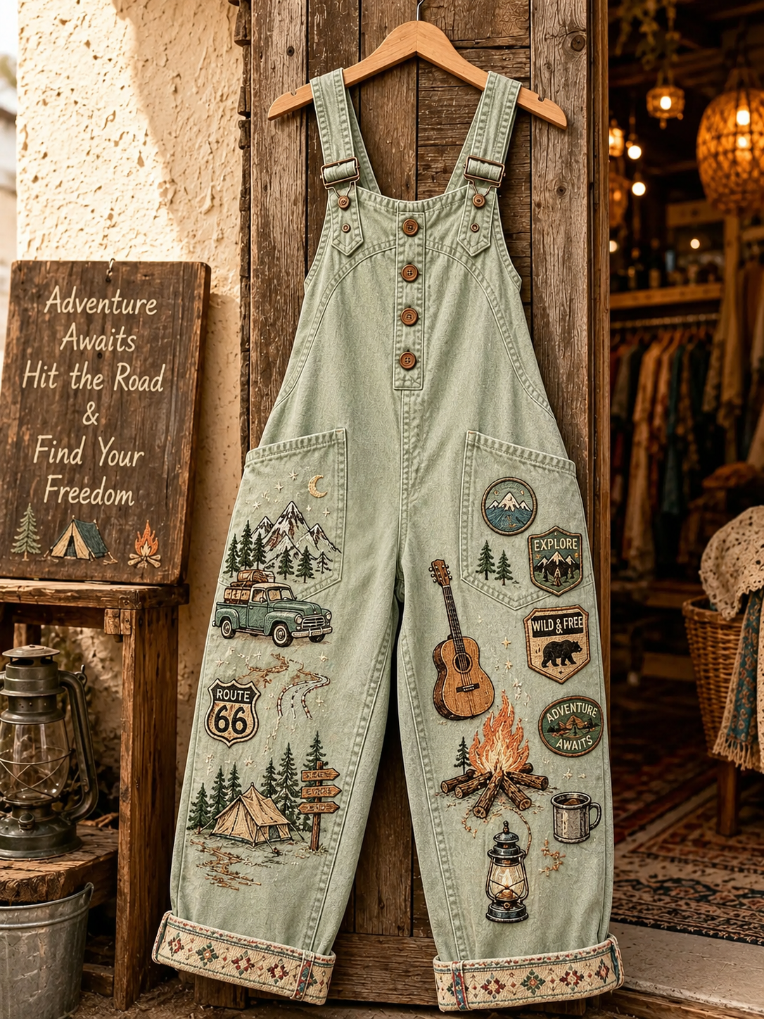 Women's Vintage Outdoor Adventure Print Denim Overalls Long Pants