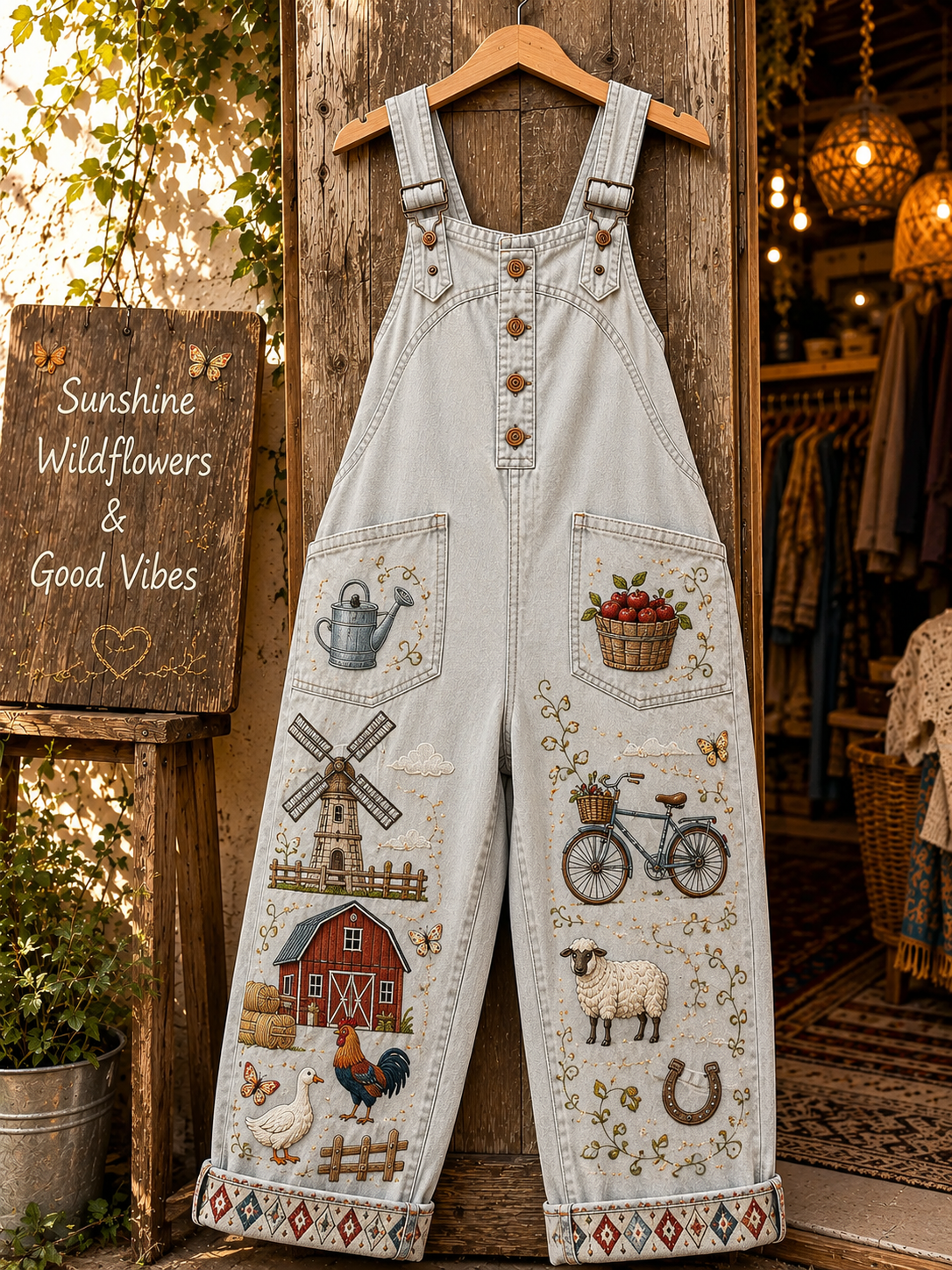 Women's Vintage Print Denim Overalls Long Pants