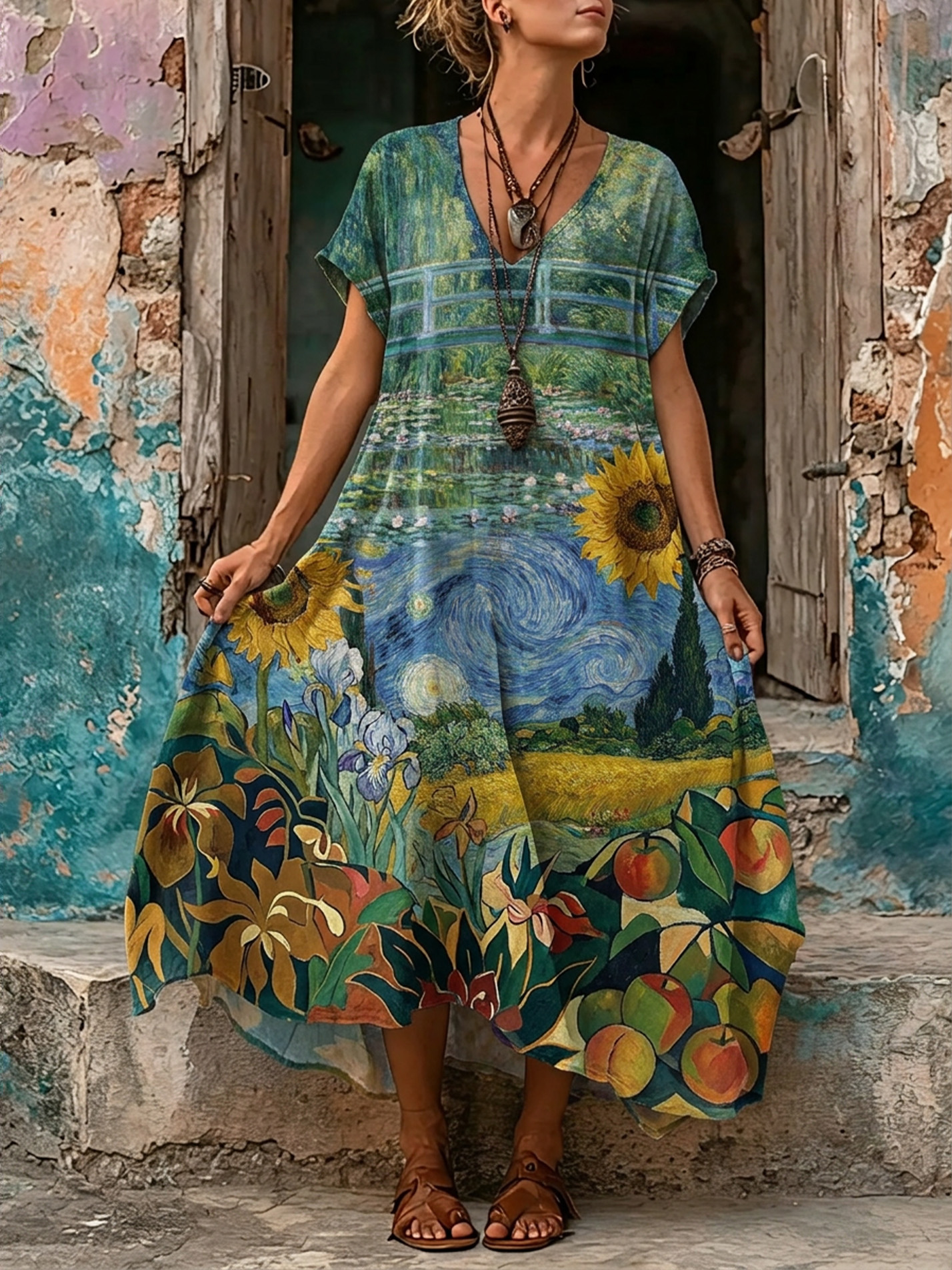 Women's Retro Bohemia Floral Print V-Neck Short Sleeve Maxi Dress