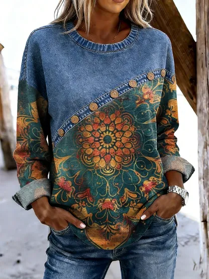 Women's Retro Ethnic Floral Art Print Casual Long-sleeved Patchwork Shirt