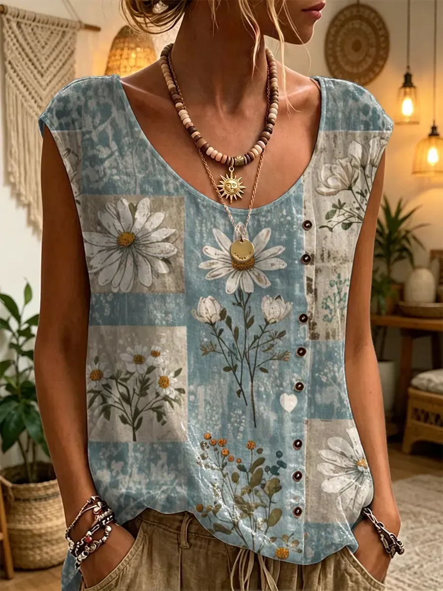 Ethnicity Bohemian Style Flowers Women's Art Print Casual Round Neck No Sleeve Cotton Shirt