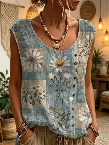 Ethnicity Bohemian Style Flowers Women's Art Print Casual Round Neck No Sleeve Cotton Shirt