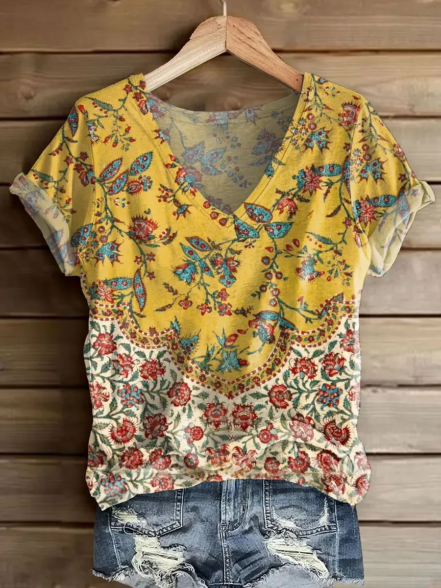 Ethnicity Patchwork Flowers Totem Women's V-neck Print Casual T-shirt