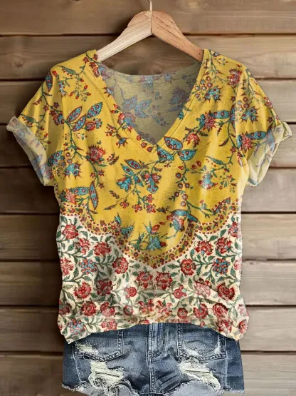 Ethnicity Patchwork Flowers Totem Women's V-neck Print Casual T-shirt