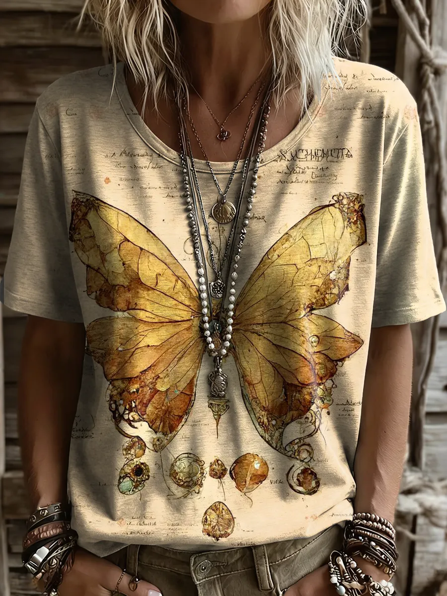 Women's Retro Butterfly Art Print Casual Short-sleeve Crew Neck Cotton T-shirt
