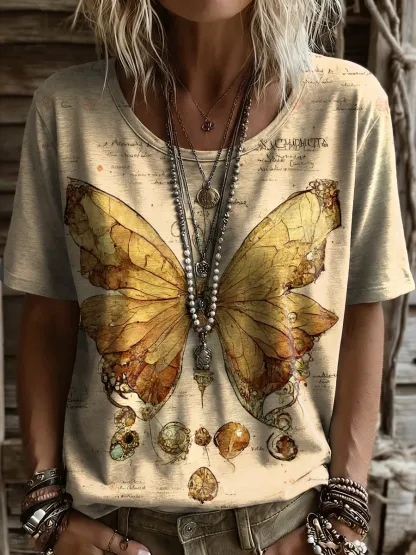 Women's Retro Butterfly Art Print Casual Short-sleeve Crew Neck Cotton T-shirt