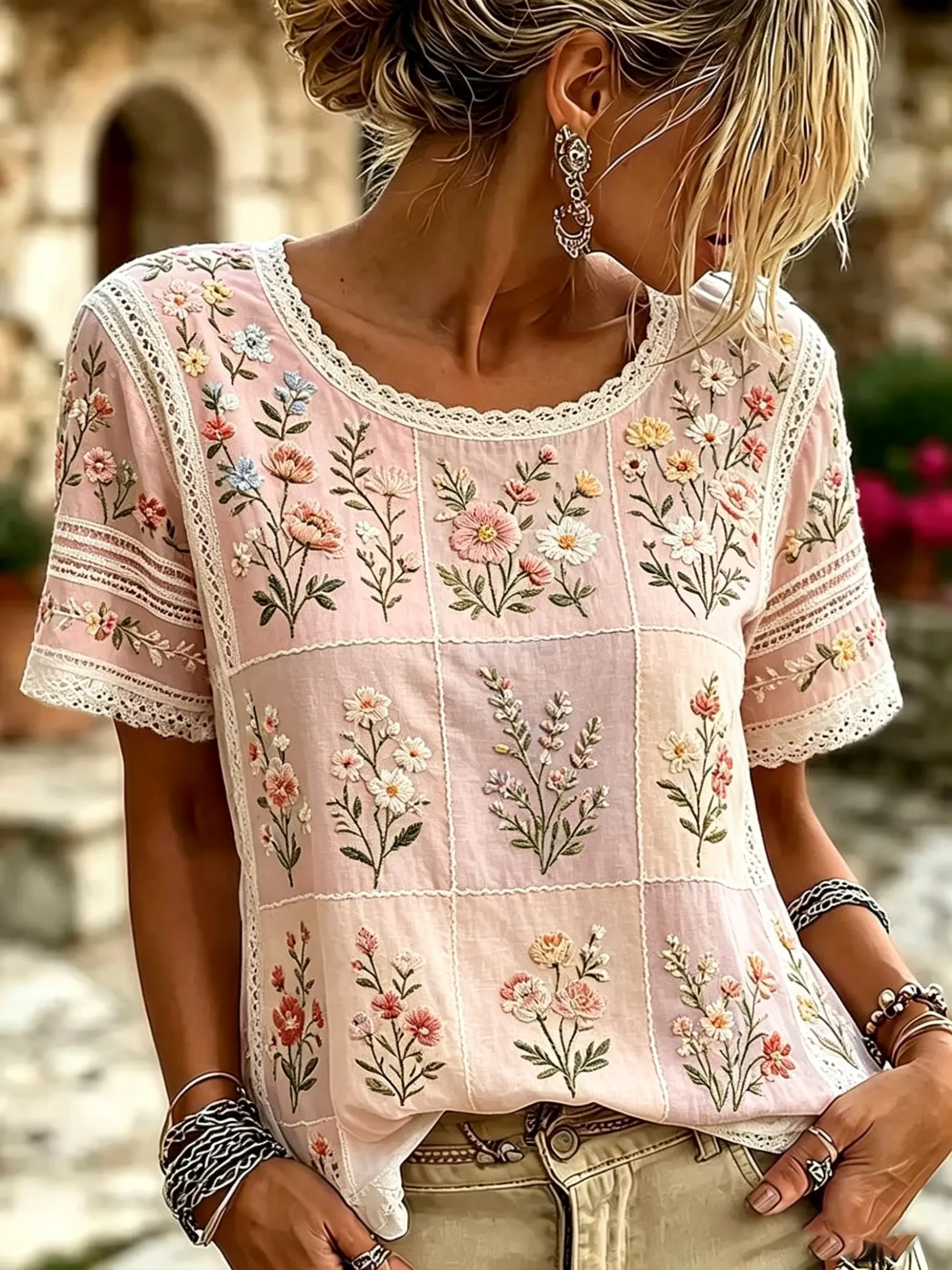 Women's Patchwork Floral Print Cotton Short Sleeve Blouse