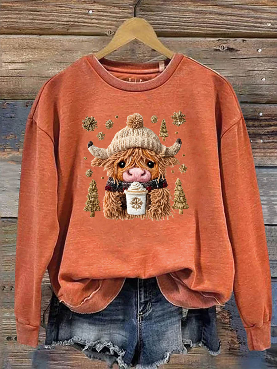 Women's Christmas Cow Knitting Crochet Pattern Neck Sweatshirt