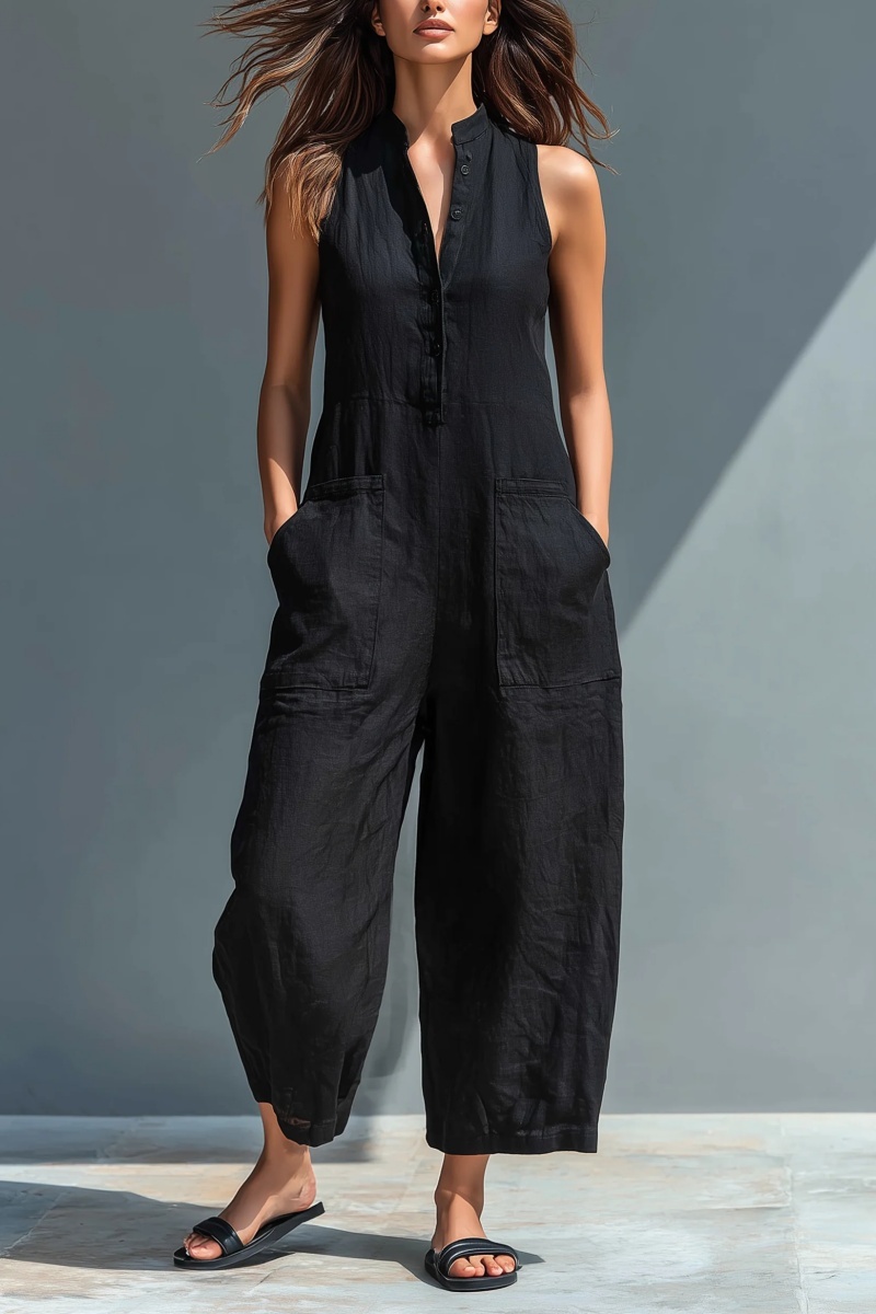 Women's Minimalist Linen Blend Button-up Stand-collar Sleeveless Loose Jumpsuit