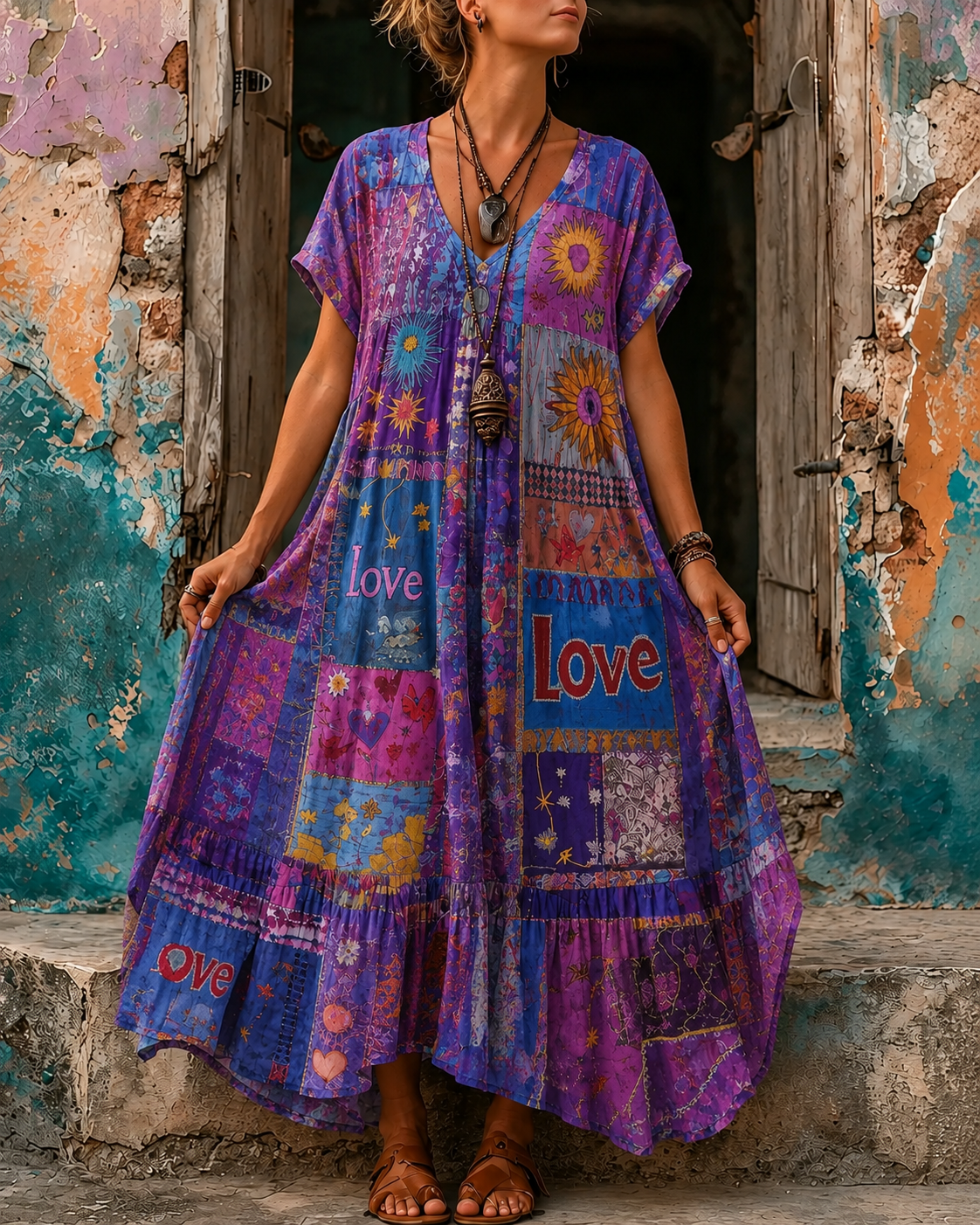 Women's Vacation Linen Boho Floral Print V-Neck Short Sleeve Maxi Dress
