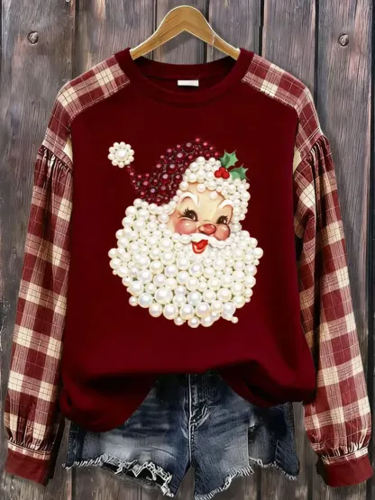 Women's Christmas Santa Pattern Art Print Casual Cotton Sweatshirt