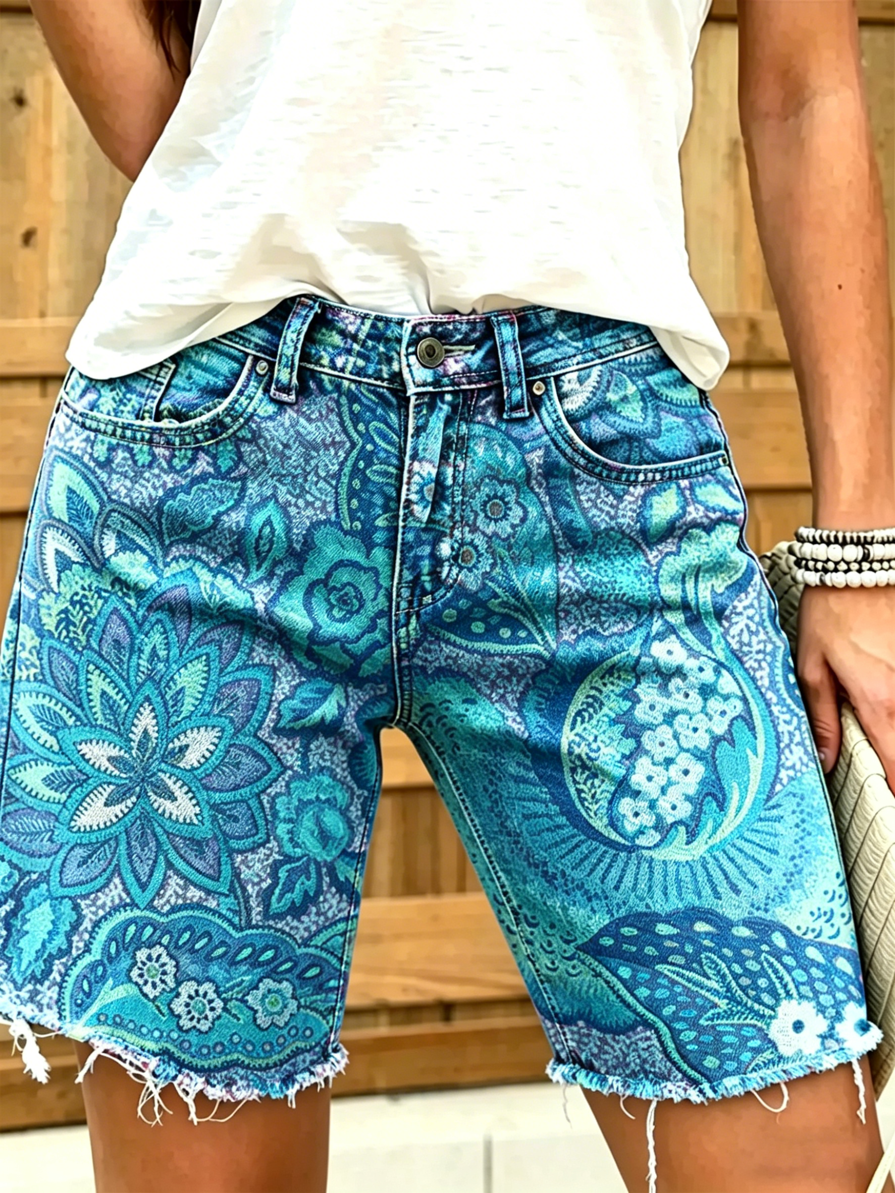 Women's Colorful Ethnic Flowers Print Denim Bermuda Shorts