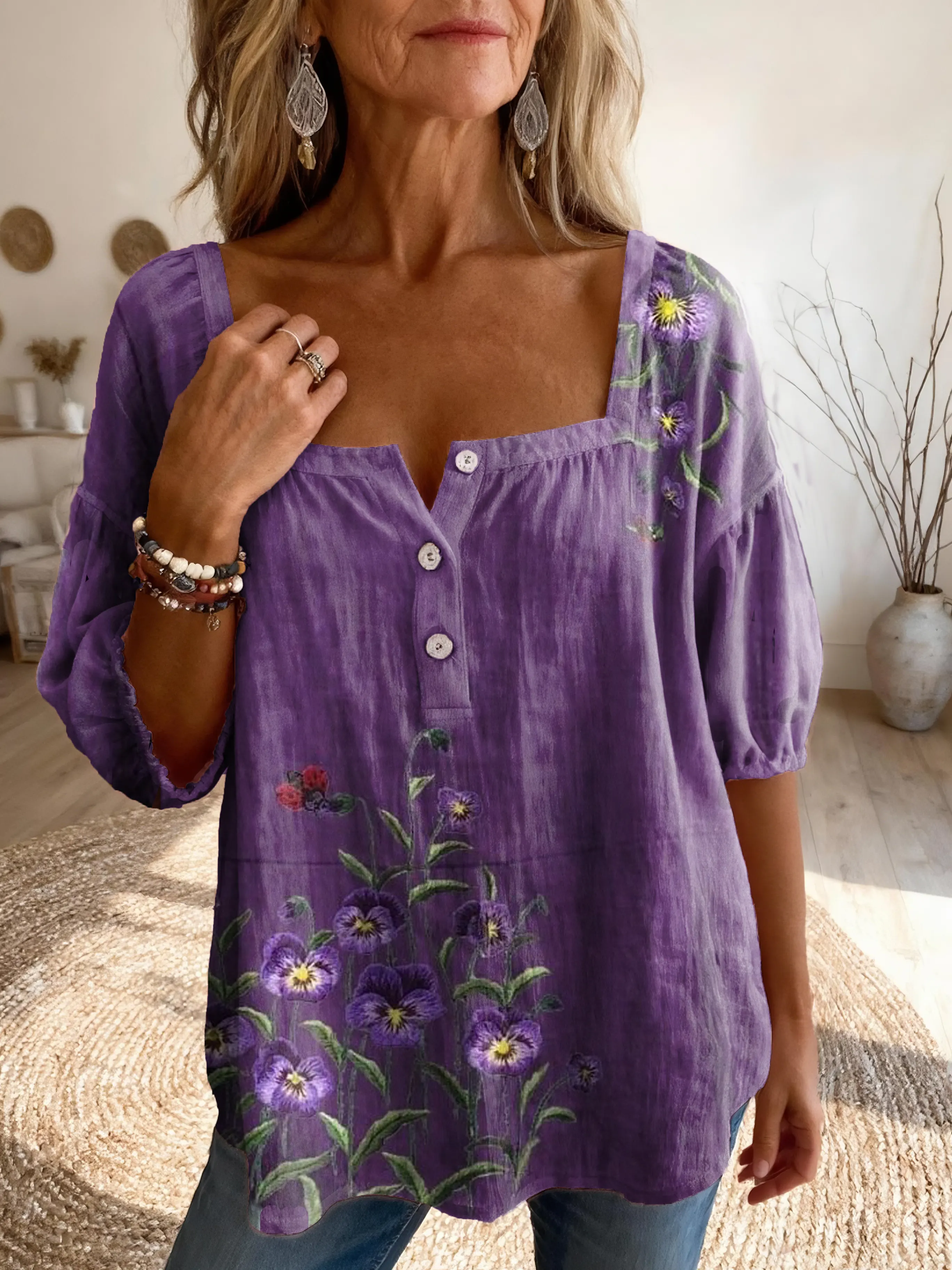 Women's Vintage Ethnic Floral Print Artistic Casual Square Neck Top