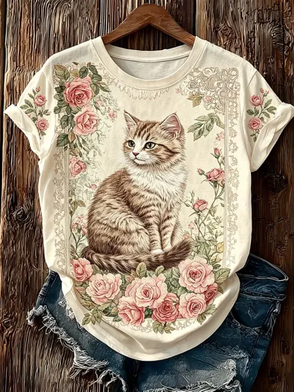 Women's Vintage Cat & Rose Print Round Neck T-Shirt