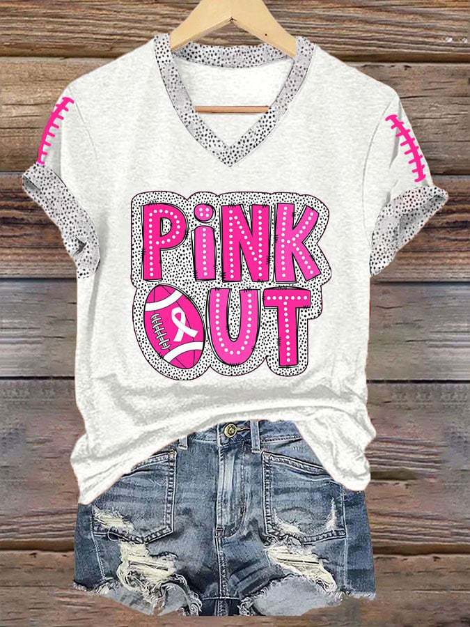 ❤️PINK OUT❤️Women's Pink Out Football Breast Cancer Print T-Shirt
