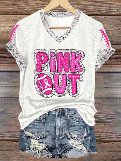 ❤️PINK OUT❤️Women's Pink Out Football Breast Cancer Print T-Shirt