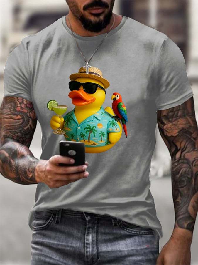 Men's Retro Vacation Parrot Margarita Memorial Duck Print T-Shirt