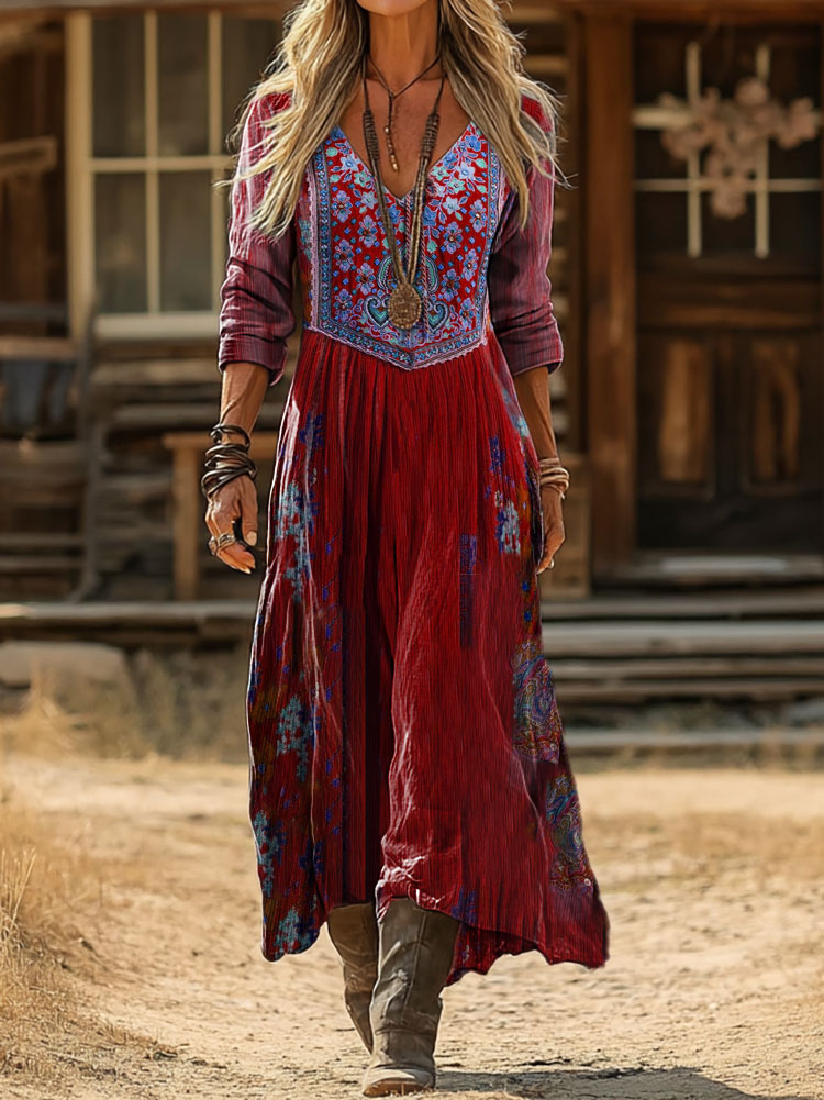 Women's Vintage Ethnic Floral Print Artistic Pocket Cotton Dress