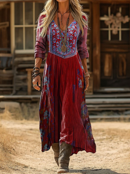 Women's Vintage Ethnic Floral Print Artistic Pocket Cotton Dress