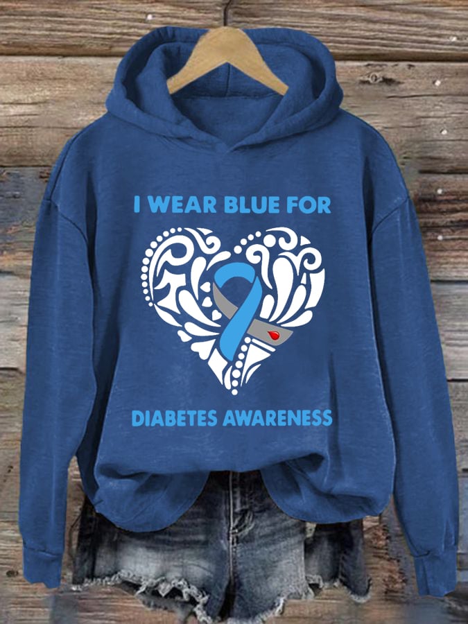 Women's I Wear Blue For Diabetes Awareness Print Hoodie Long Sleeve Sweatshirt
