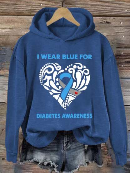 Women's I Wear Blue For Diabetes Awareness Print Hoodie Long Sleeve Sweatshirt
