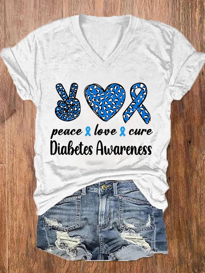Women's Peace Love Cure Diabetes Awareness V-Neck Tee