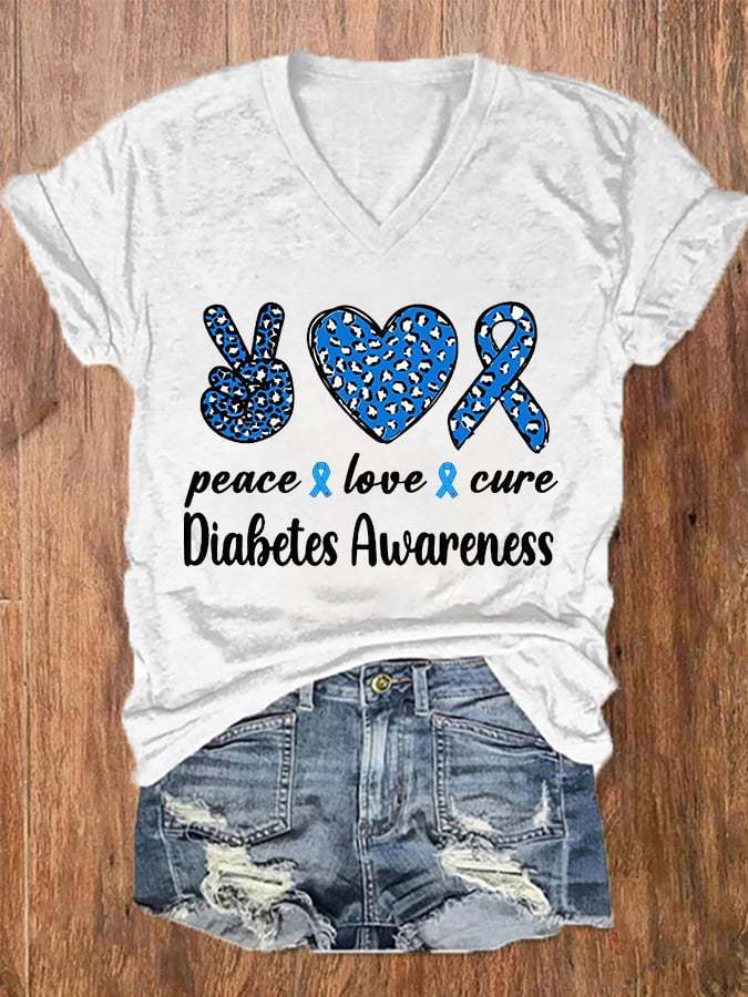 Women's Peace Love Cure Diabetes Awareness V-Neck Tee