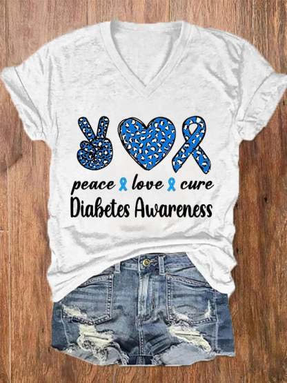 Women's Peace Love Cure Diabetes Awareness V-Neck Tee