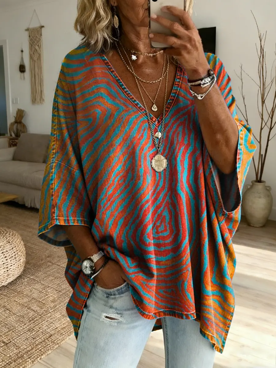 Ethnicity Geometry Arc Women's Art Print Casual Washed Cotton Denim Top