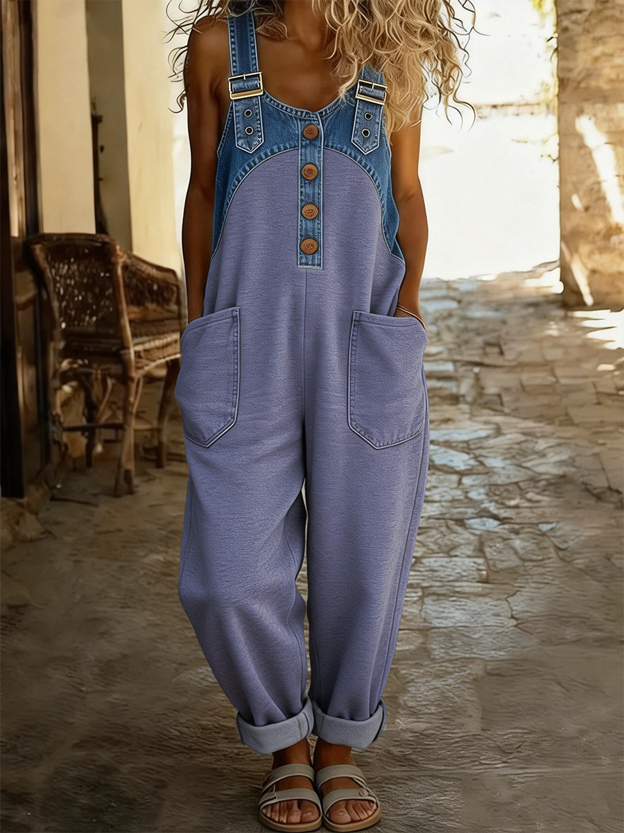 Women's Casual Washed Cotton Denim Patchwork Jumpsuit