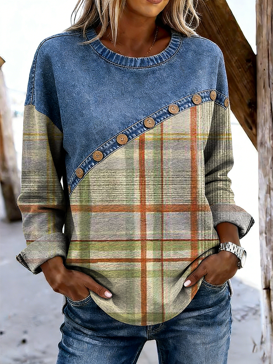 Women's Retro Plaid Art Print Casual Long-sleeve Patchwork Shirt