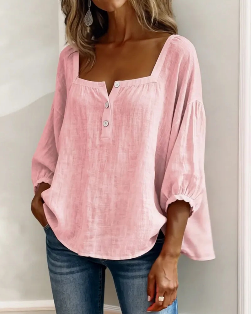 Pink Square-Neck Half-Button Shirt