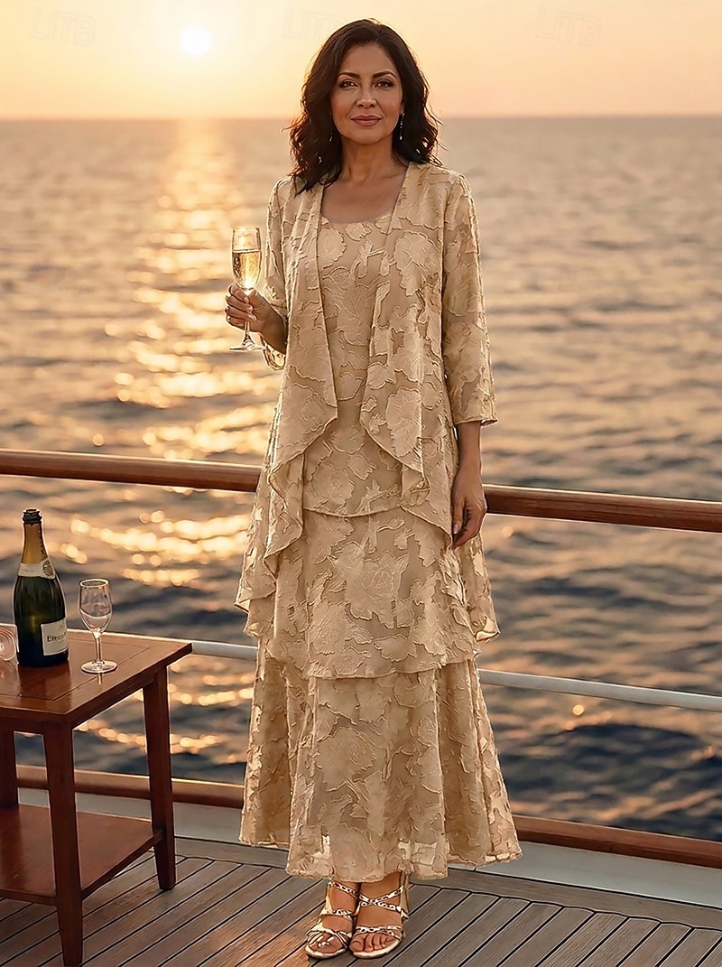 Two Piece Sheath Column Ankle Length Mother of the Bride Dress Sleeveless 3/4 Length Sleeve U Neck Scoop Neck Elegant Simple Floral Formal Wedding Guest Semi Formal Organza Jacquard with Ruffles Tier 2026 - $159.99 –P5