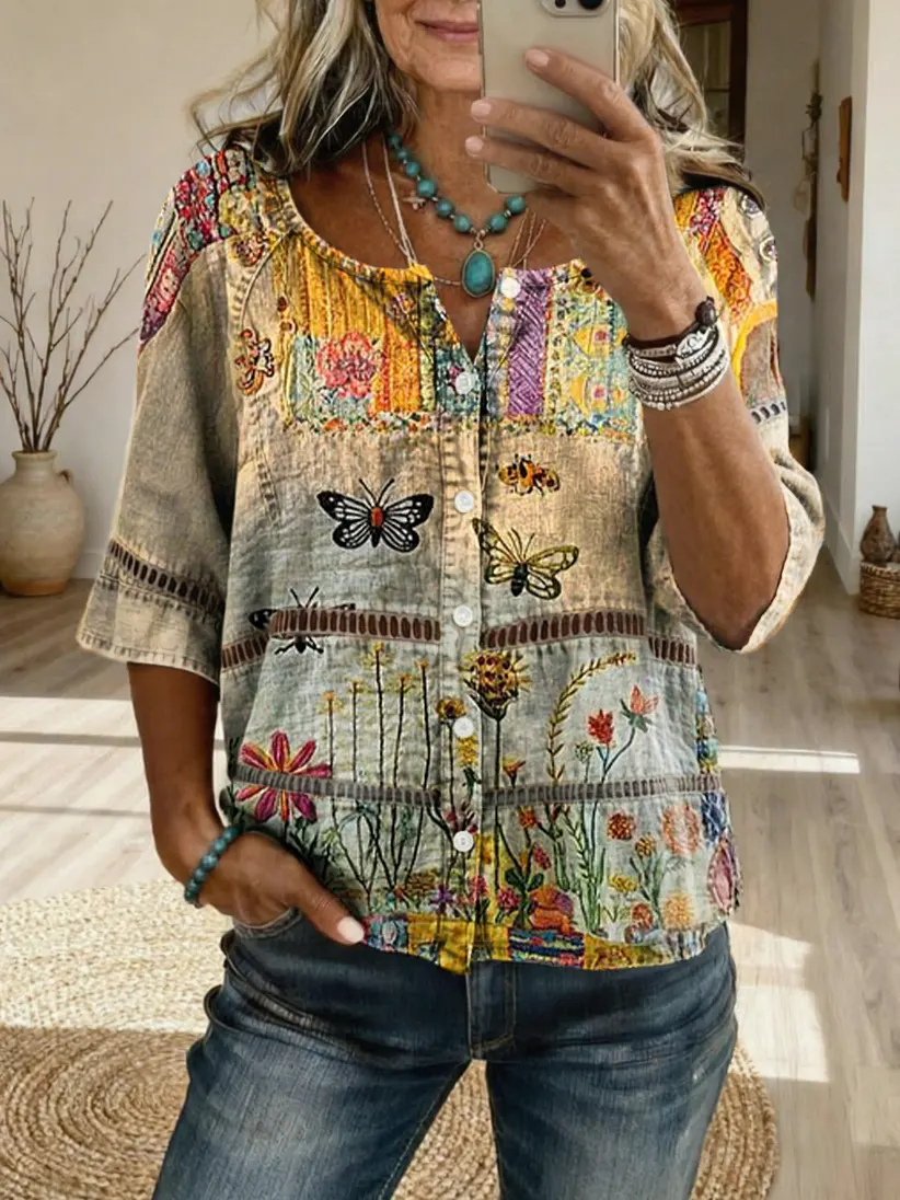 Women's Colorful Floral Butterfly Art Print Casual Cutout Top