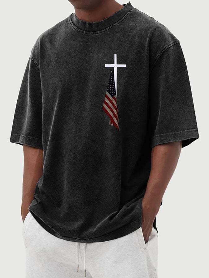 🔥Buy 3 Get 15% Off🔥Men's Vintage Flag Cross Print Cotton Washed T-Sh