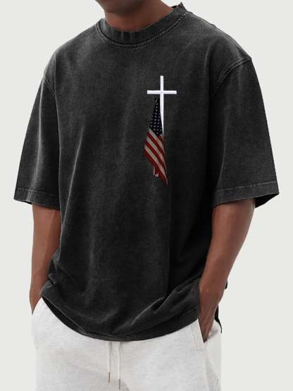 Men's Vintage Flag Cross Print Cotton Washed T-Shirt