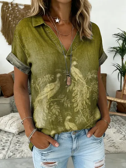 Women's Floral Print V-Neck Short-Sleeve Denim Shirt